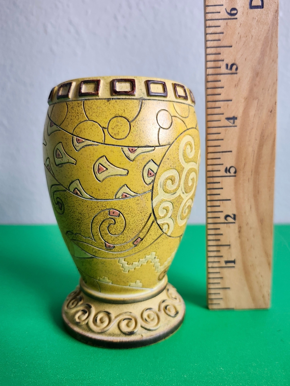 Vintage Artisan Yellow Ceramic Vase with Swirl Motif Sgrafito 4.75 In.